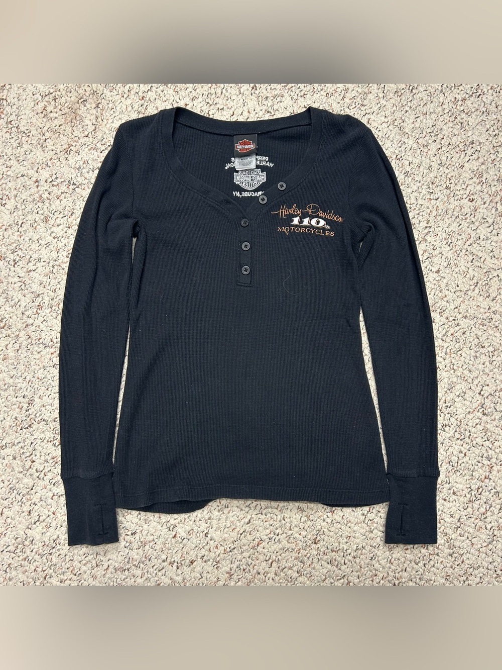 Women’s Harley Davidson Black Thermal Henley Top Shirt Syracuse NY Sz M Biker